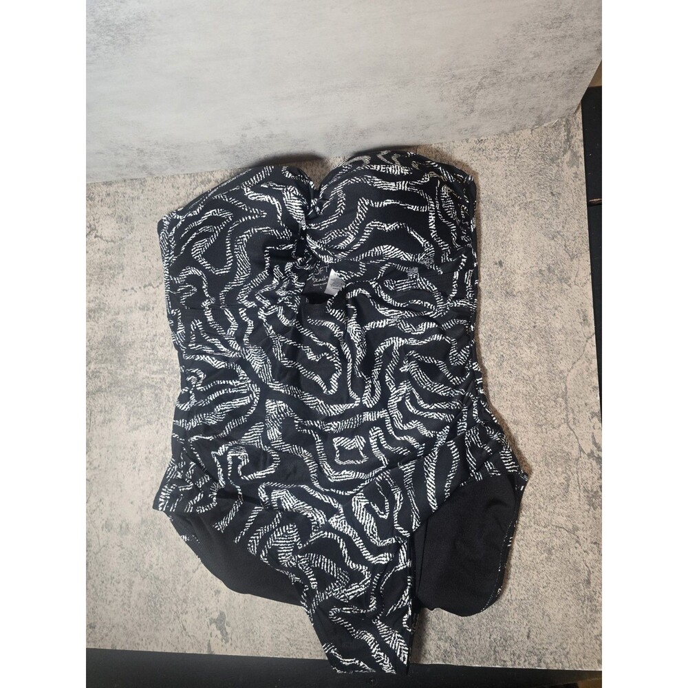 Loft Beach Swirl Bandeau Ruched One Piece Swimsuit Size Large Black White New